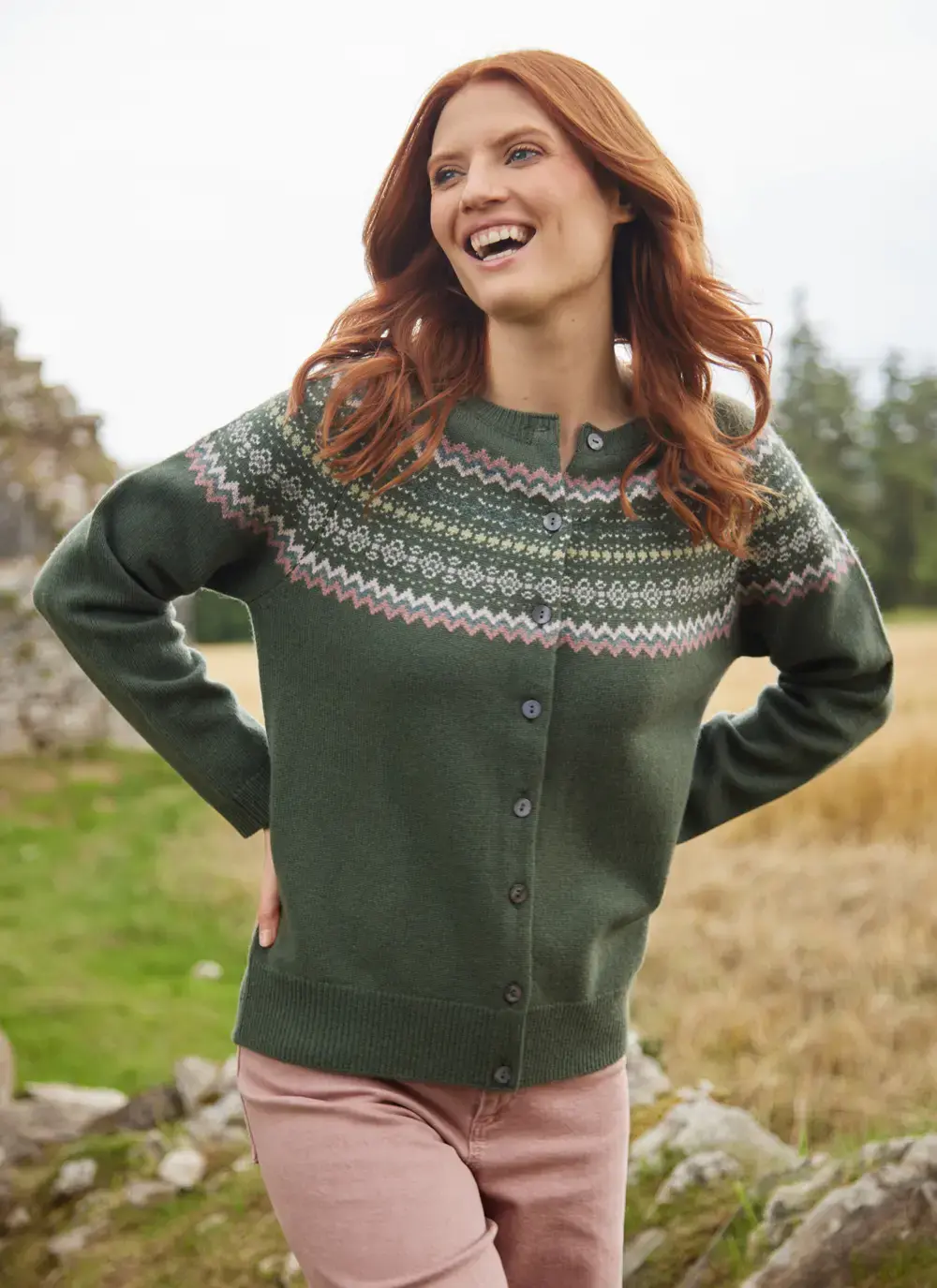 Sadie Merino Fairisle Cardigan in Olive Green